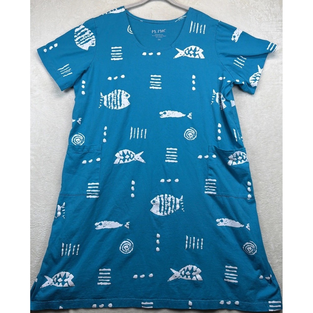 Vermont Country Store M Mac Fish Print Cotton Shift Dress Pockets Blue 3X